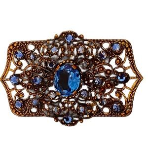 Vintage Brooch Art Deco Czech Blue Stones Filigree Gilt